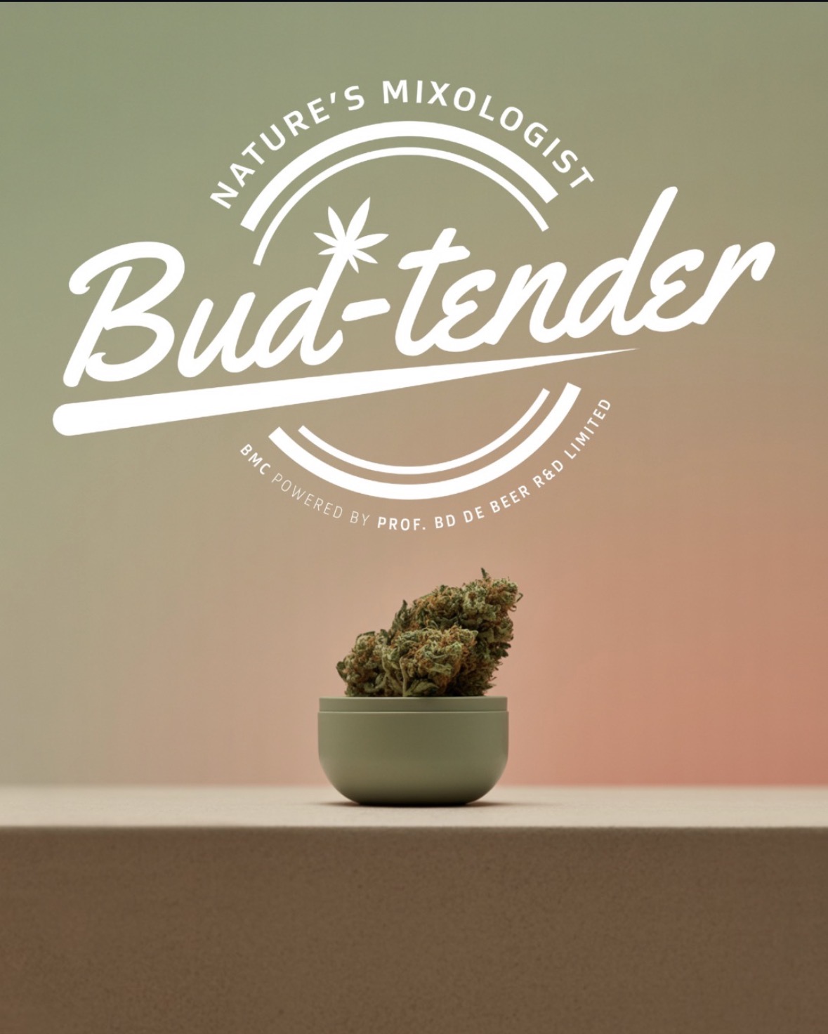 Bud-tender branded cannabis flower in a green bowl on a soft green and coral background